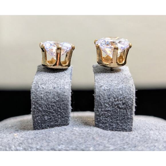 Gold Tone Six Prong Large CZ Post Stud Earrings - Picture 2 of 8